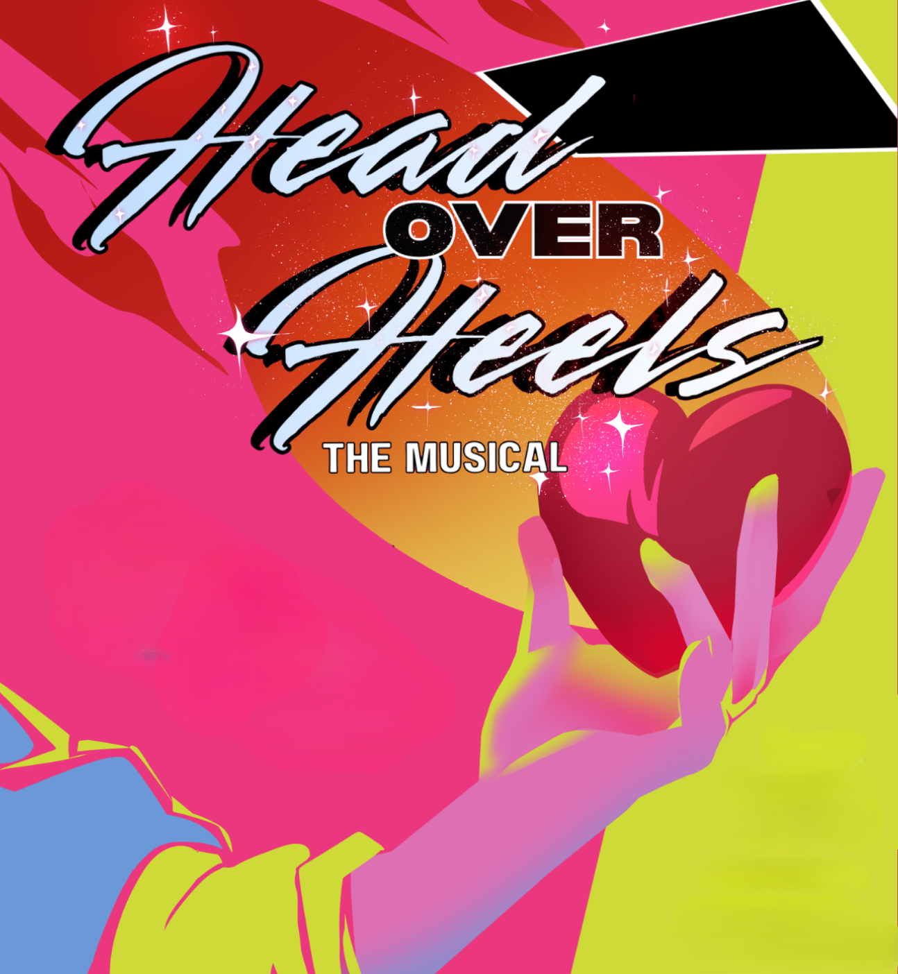 Head Over Heels text over a neon background and a hand holding a heart