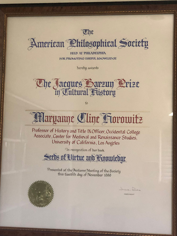 A framed award for Maryanne Horowitz from the American Philosophical Society