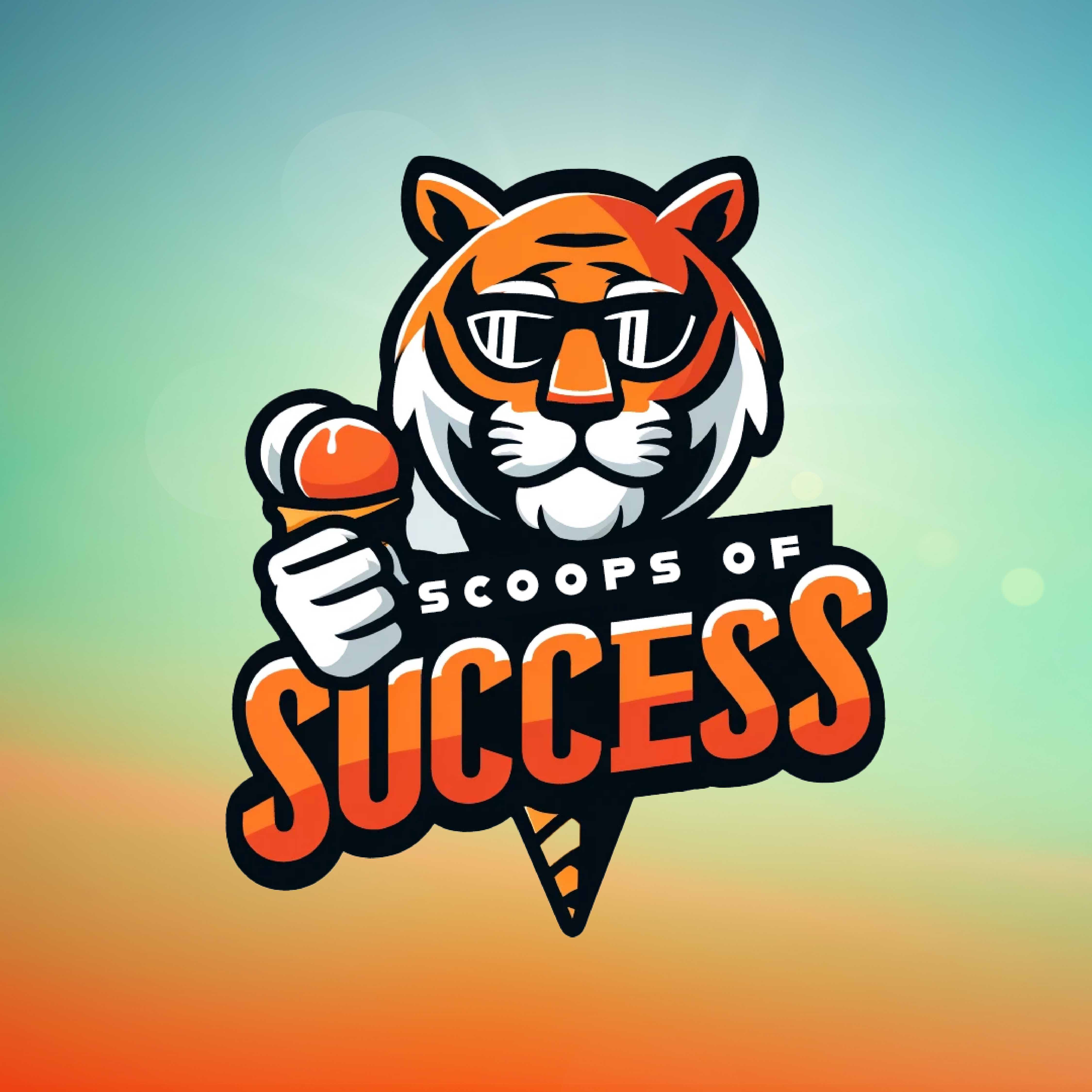 Scoops of Success: Division of Student Affairs Student Leadership Awards llustration of a tiger wearing sunglasses and holding an ice cream cone, with bold text reading 'Scoops of Success' in orange and black against a soft gradient background.