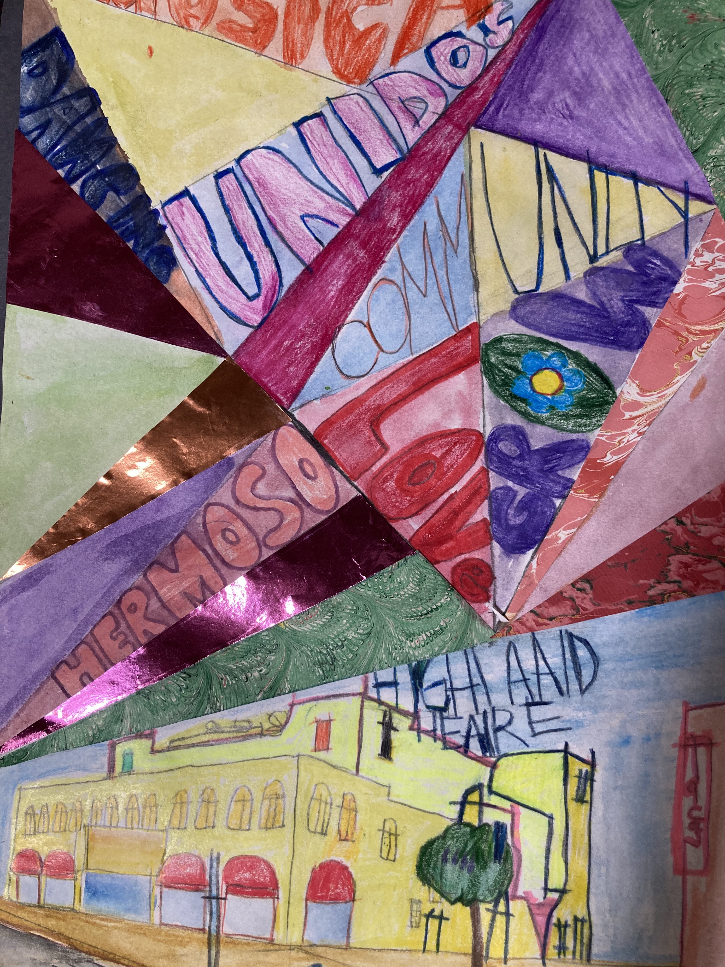 IMG_4771.jpg Colorful collage with purples, yellows, pinks and greens. At the bottom of the collage is a drawing of the Highland Theater in Highland Park.
