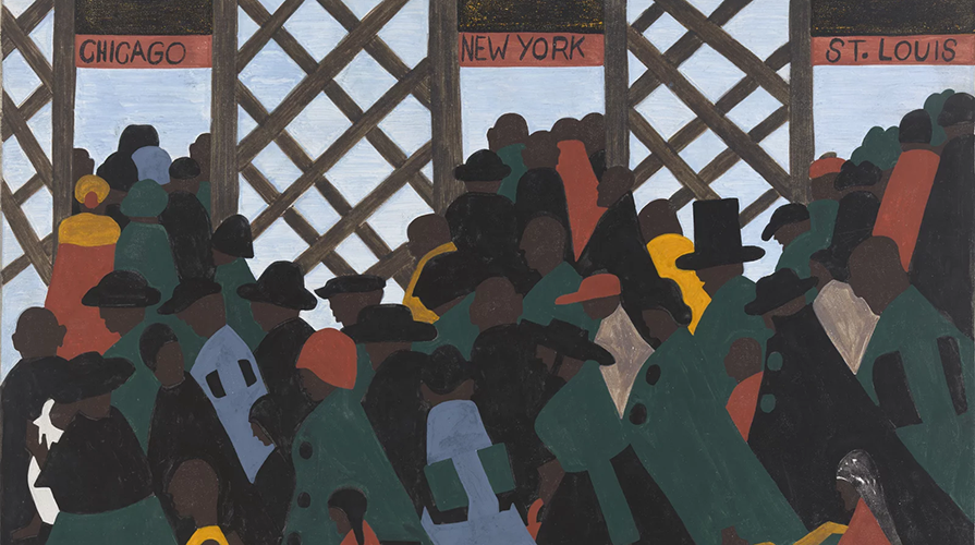 a painting showing Black migrants at a train station traveling to major northern cities 