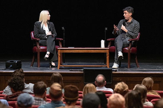 2025-26 Kemp Lecturer Tim Miller with Occidental Professor Caroline Heldman.