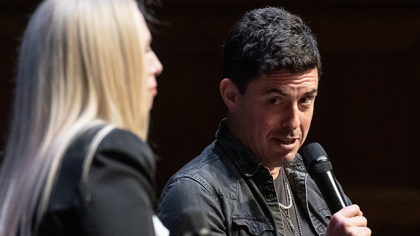 2025-26 Kemp Lecturer Tim Miller with Occidental Professor Caroline Heldman.