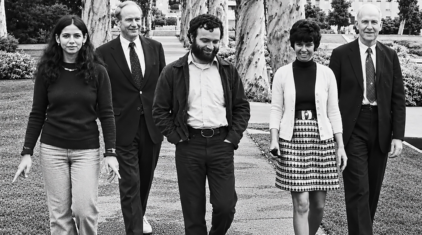 L-R: English and comparative literary faculty members Marsha Kinder, Robert Ryf, Ken Atchity, Jean Wyatt, and Kenneth Oliver in 1974.
