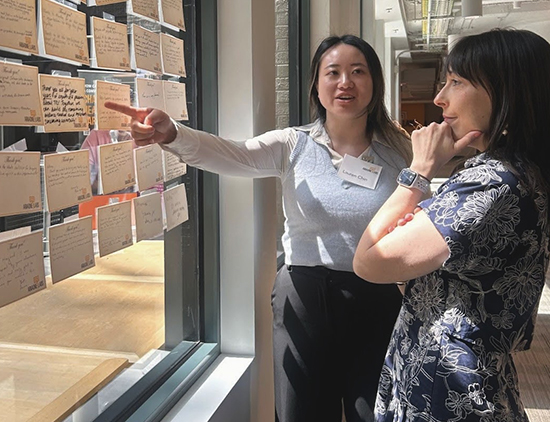 Lauren Chin ’20, left, discusses pediatric Type 1 diabetes screening with a colleague at an Ariadne Labs convening earlier this year. Lauren Chin ’20, left, discusses pediatric Type 1 diabetes screening with a colleague at an Ariadne Labs convening earlier this year.