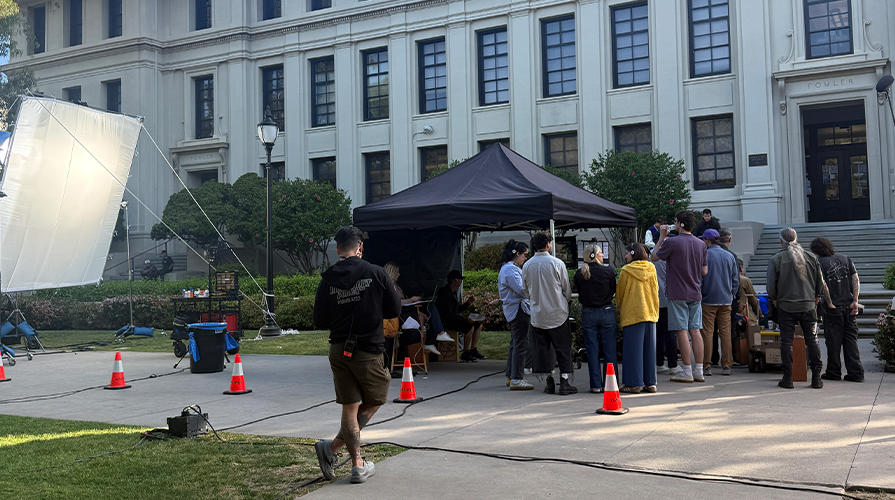 Film crew and others preparing for Liberty Mutual commercial shoot at Occidental