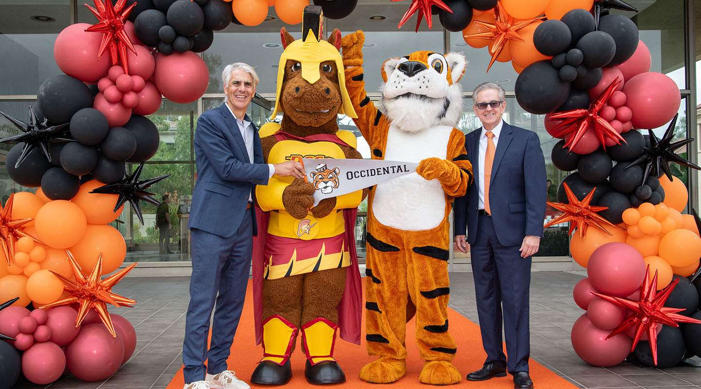 The presidents of Occidental College and Pasadena City College post with their schools' respective mascots