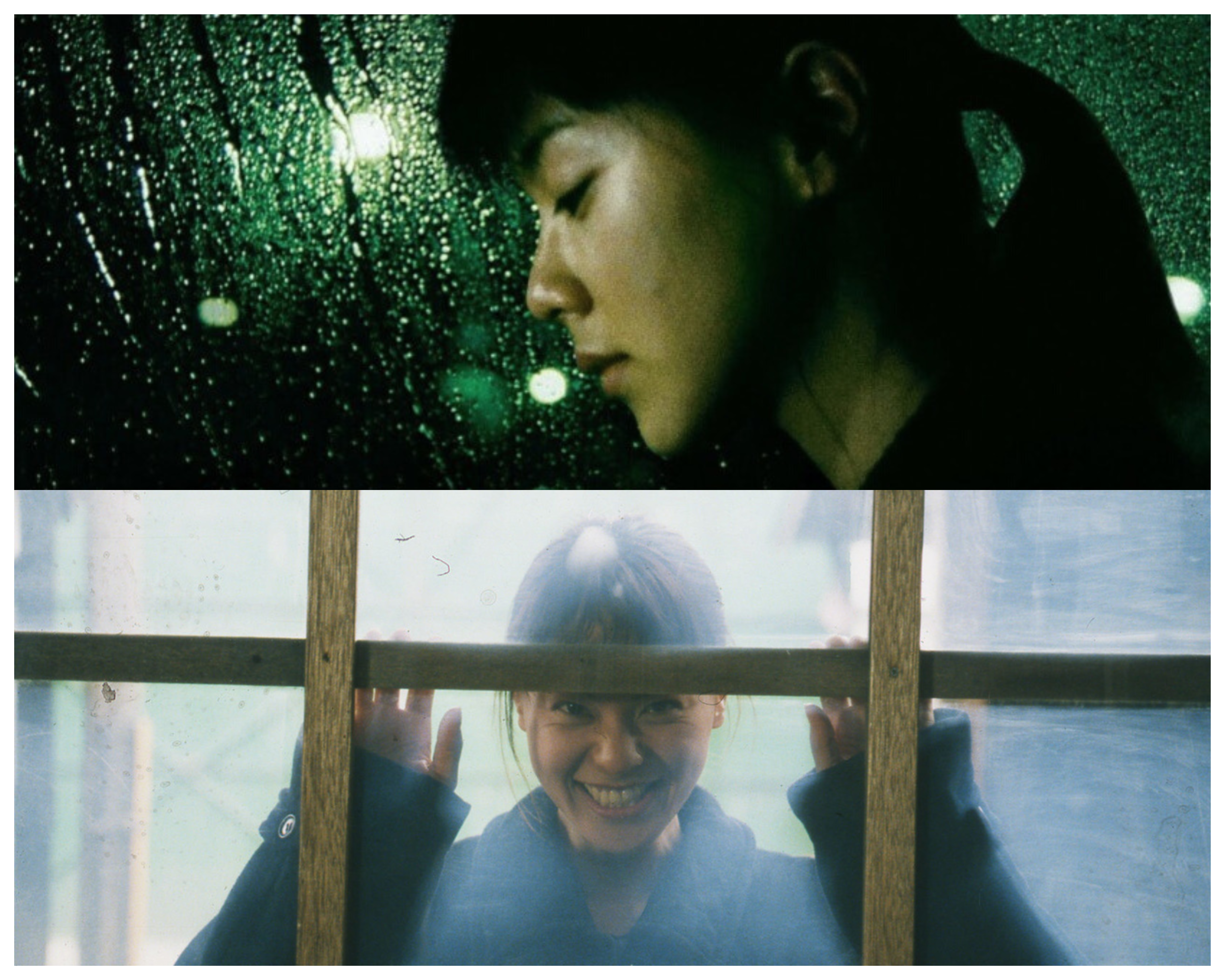 MaborosiHigherRes.png diptych with top image of woman looking down while rain pours on window, bottom image of woman smiling through a window