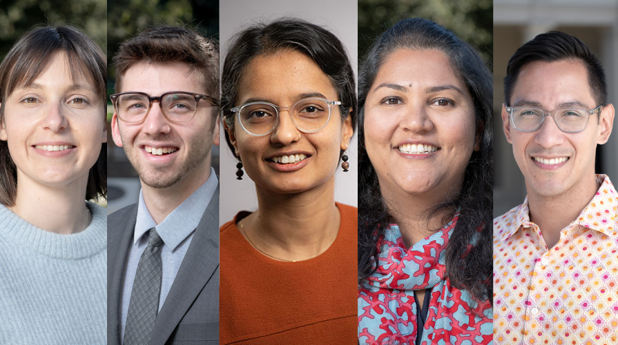 Five individual narrow headshots of Occidental College faculty members