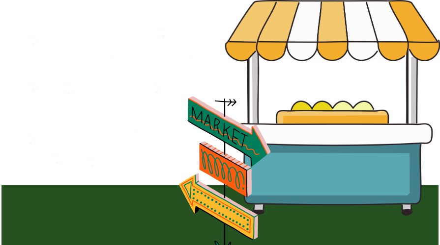 a night market stall with colorful signs pointing around it