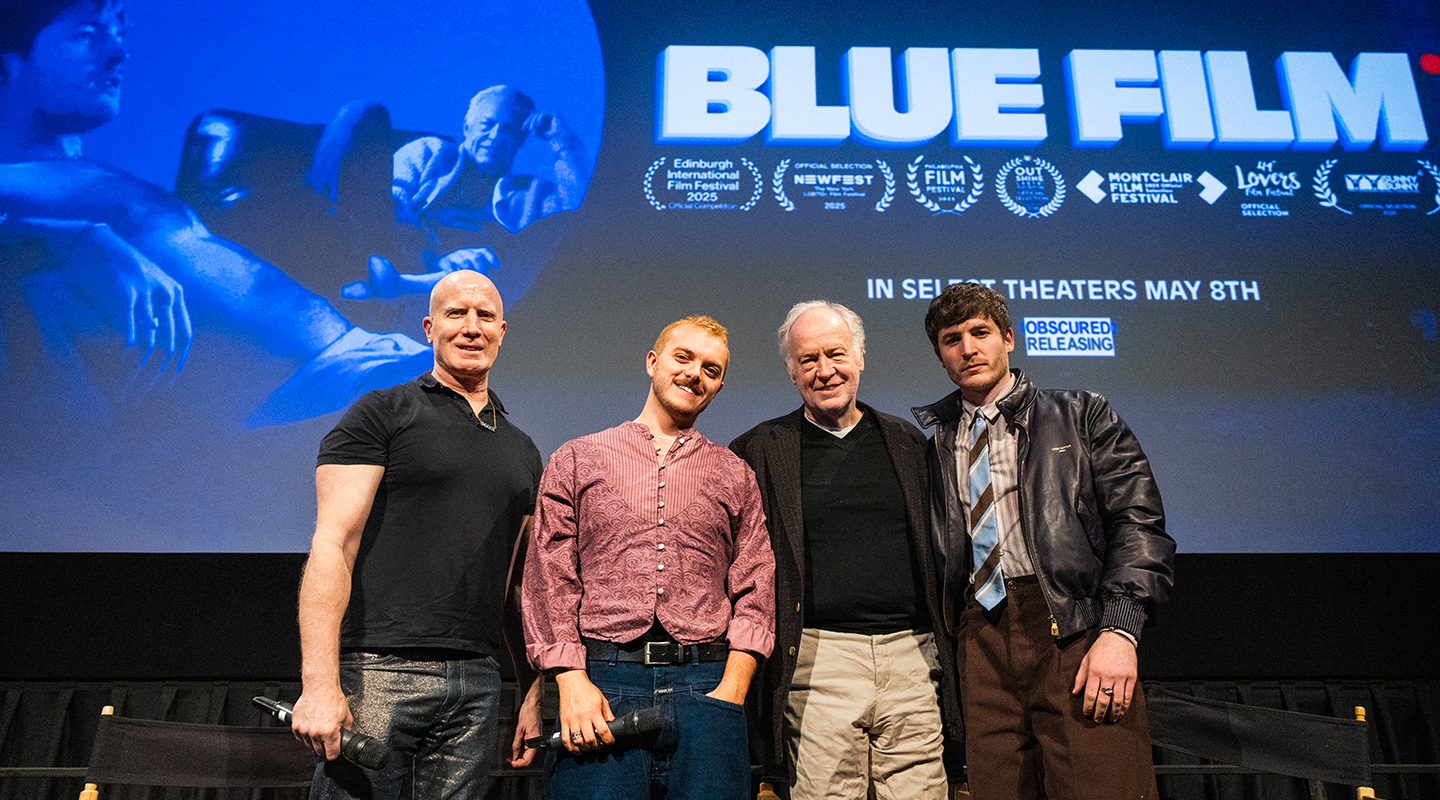 Blue Film director Elliot Tuttle '22, second from left, with the film's stars.