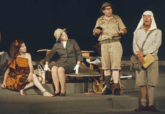 From left, Joanna (Hall) Gleason ’72, Sally Norton, Omar Paxson ’48, and Gary Davis ’68 in Shaw’s Too True to Be Good (1968).