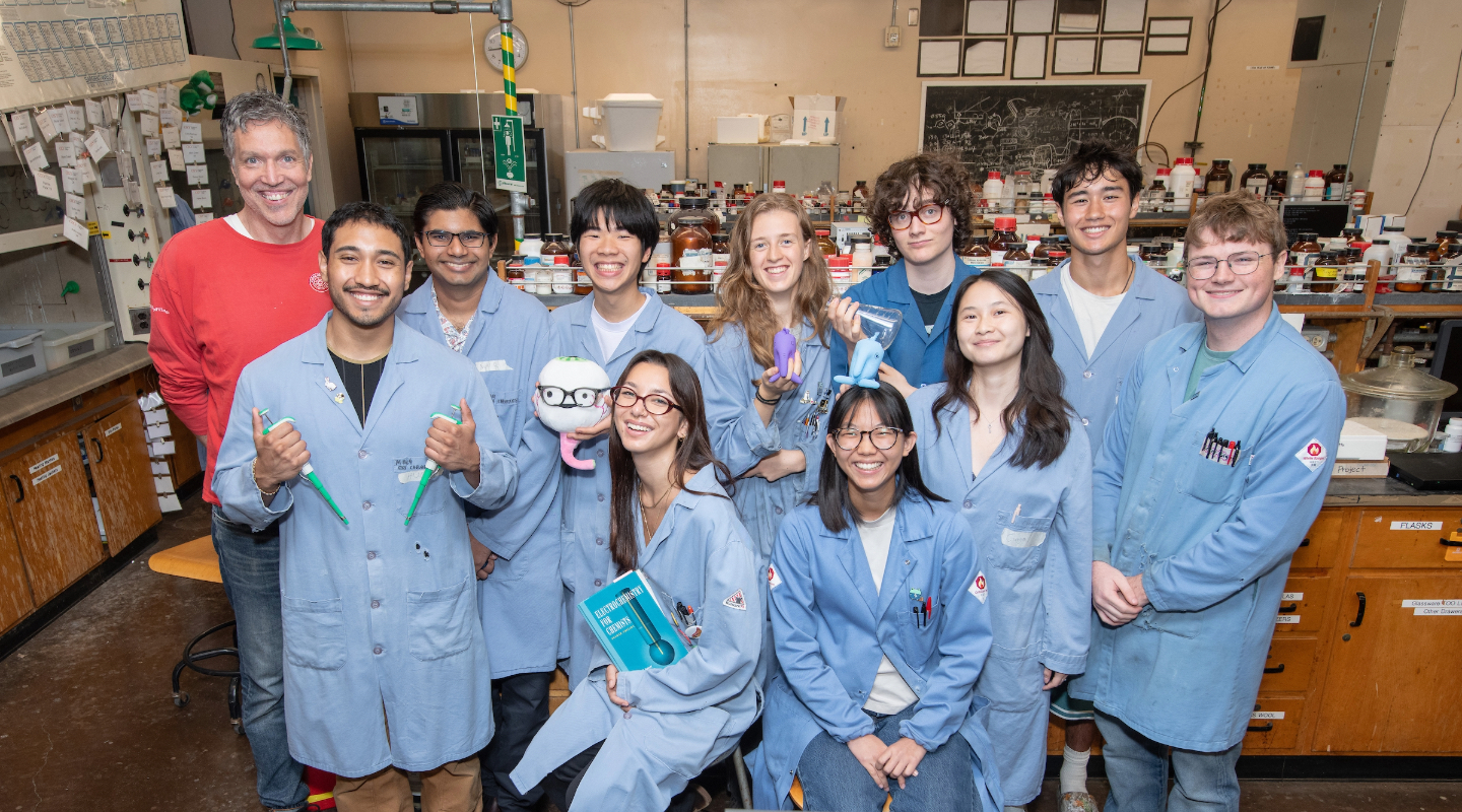 Back row, from left: Occidental Chemistry Department Professor Michael G. Hill, with students Hugo Alvarez '27, Neel Rangan '29, Damien Chow '28, Skylar Cottell '28, Jackson Birchler '29, Ayden Rieke-Wey '28 and Parker Glynn '27. Front row, from left: students Ava Navales '28, Michelle (Mimi) Chen '26 and Cinya Xu '29. 