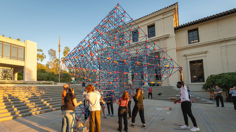 The Oxyhedron structure that Oxy students constructed in front of the AGC building on campus
