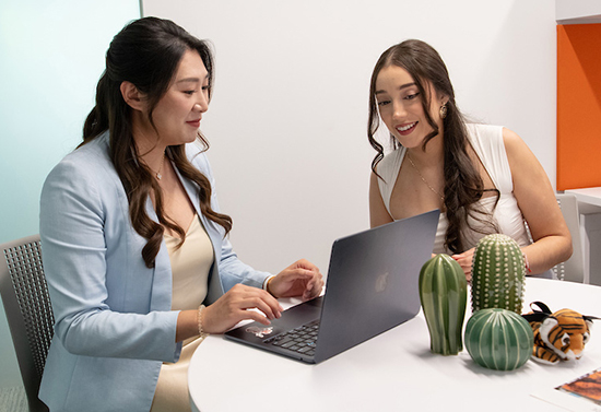 Director of Pre-Health Advising Kat Wang, left, and Mariah Rutiaga Amaya ’22. Director of Pre-Health Advising Kat Wang, left, and Mariah Rutiaga Amaya ’22.