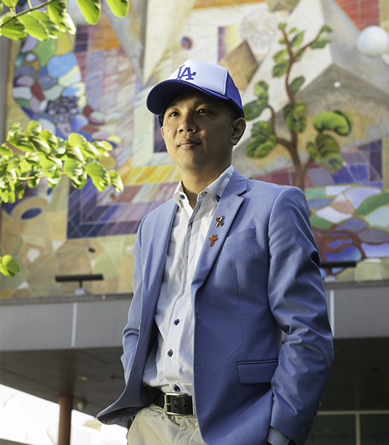 Eric Chen '05 outside the Monterey Park Bruggemeyer Library.