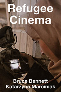 Refugee Cinema book cover featuring a woman with a headscarf looking into a video camera