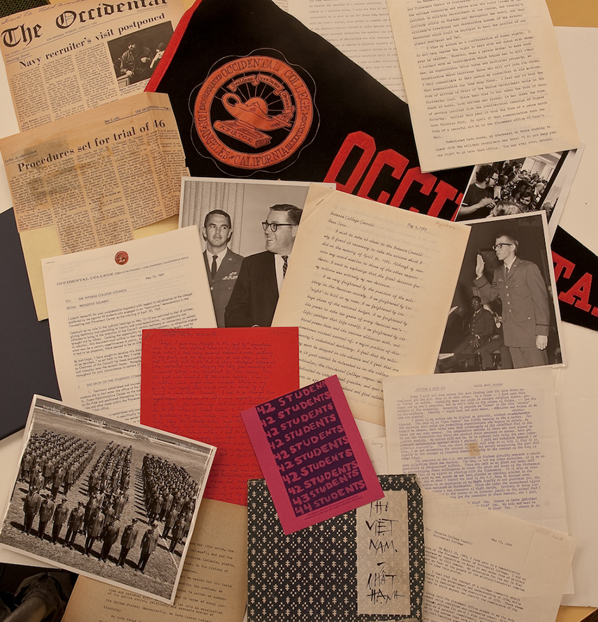 Photos, articles, and memoranda related to the Occidental sit-in of 1969.