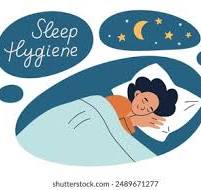 A cartoon illustration of a person peacefully sleeping in bed under a blanket, with thought bubbles above showing the words "Sleep Hygiene" and an image of the moon and stars, symbolizing restful sleep.
