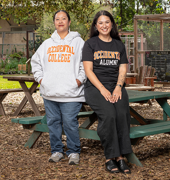 CCBL executive director Celestina Castillo and assistant director Kelsey Sablan Martin '19, photographed in Oxy's FEAST Garden.