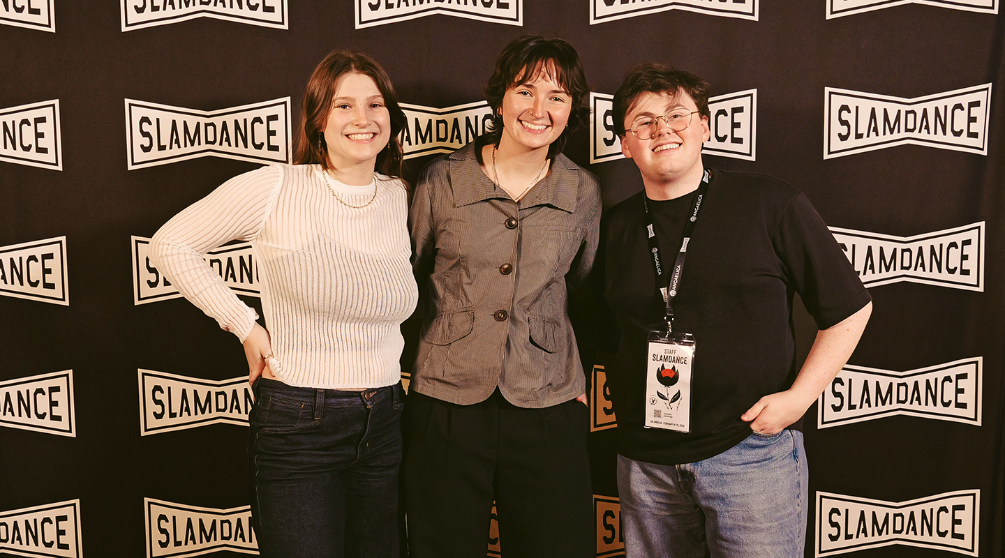 From left, Lizzie Friedrich ’25, Lily Calvert ’25, and Hayden Jennings ’25 share a red-carpet moment during the 2026 Slamdance Film Festival. 