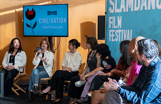 Diana Keeler ’09, left, Occidental’s director of digital media and production, moderates a Cine\Vation Student Symposium on February 22 at the Directors Guild of America.