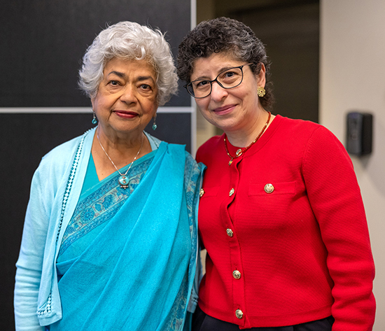 U.N. Week keynote speaker Monica Sharma, left, and Azza Karam, director of the Kahane U.N. Program, on March 25 at Occidental.