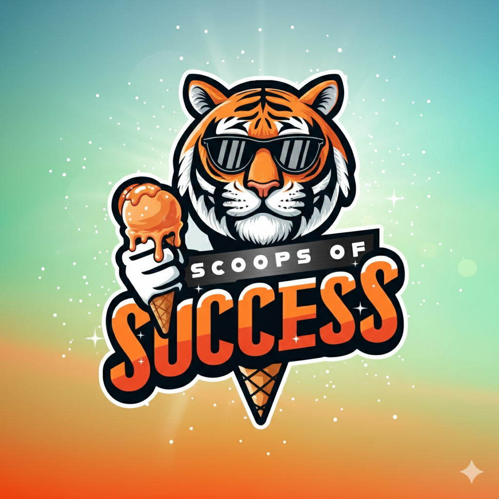 Stylized tiger mascot wearing sunglasses holding an ice cream cone above the words “Scoops of Success.”
