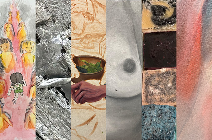 Collage of 6 artists works, all varying in colors and medium. 