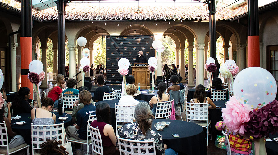 A seated group of Occidental students and staff at the annual Student Leadership Awards on Branca Patio