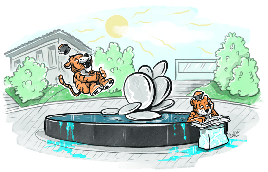 Oxy Tigers cool off in Gilman Fountain.