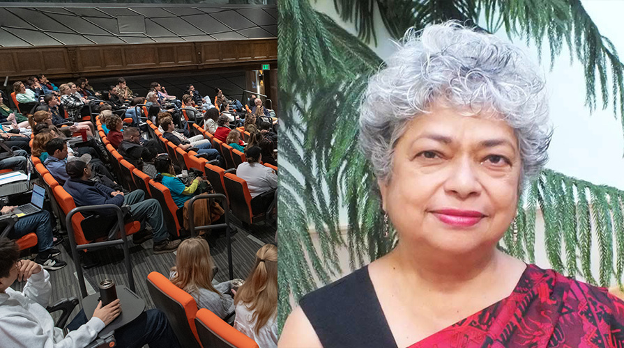 a composite view of Dr. Monica Sharma, right, and Choi Auditorium, left