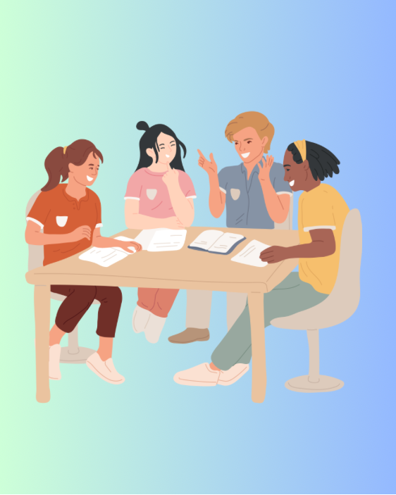 Study Group Collaboration  Illustration of four students sitting around a table studying together. They are smiling and engaged in conversation, with notebooks and papers spread out on the table. The background has a soft green and blue gradient.