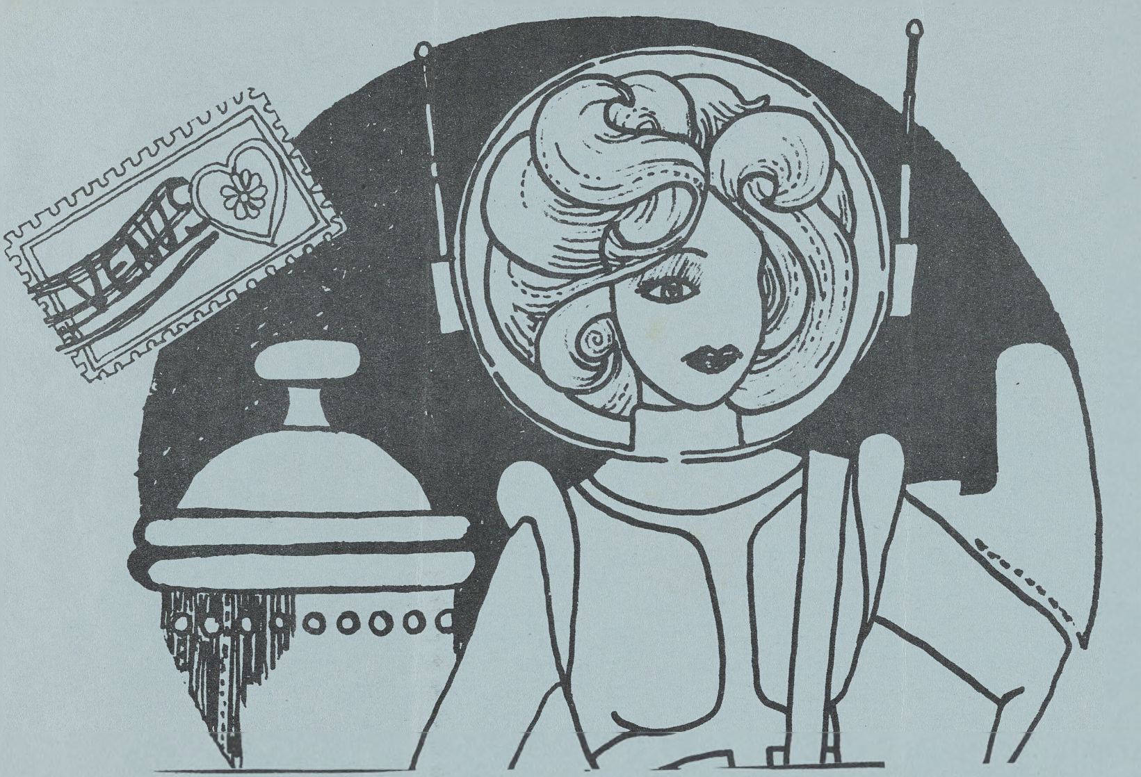 Archival image of a drawing of an alien on a blue background 