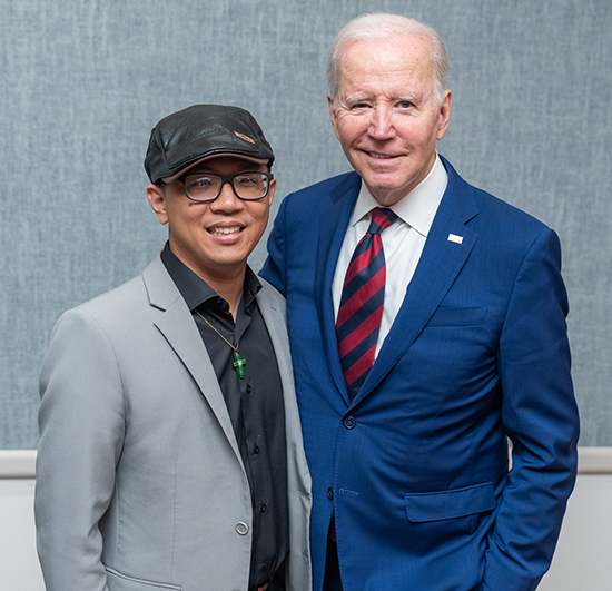 Eric Chen with President Joe Biden during his 2023 visit to Monterey Park.