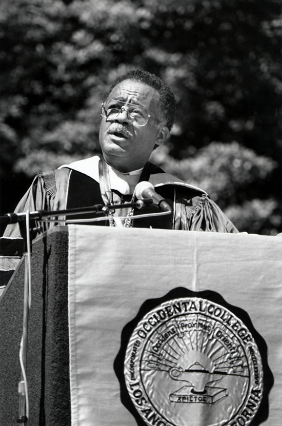 Slaughter speaks at Convocation at Remsen Bird Hillside Theater in 1988.