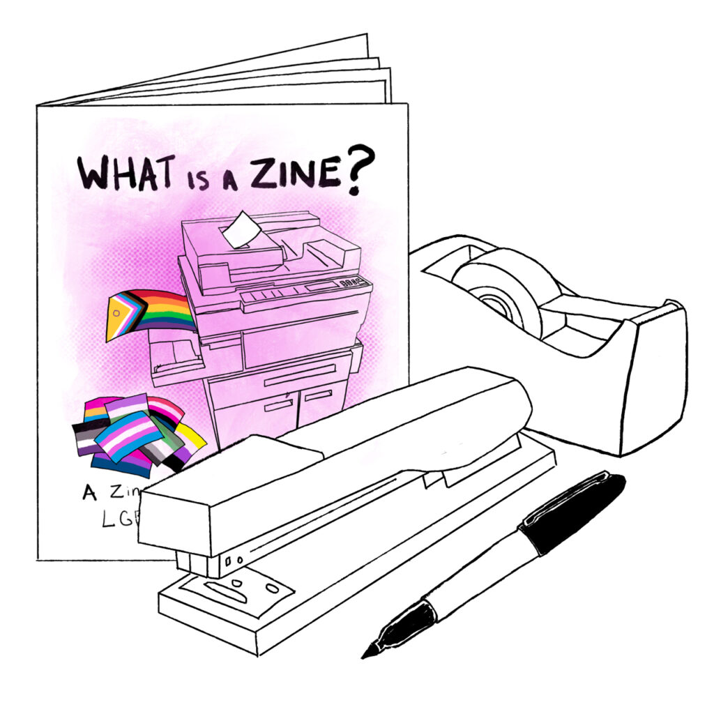 an outline drawing of a zine, roll of tape, stapler and sharpie