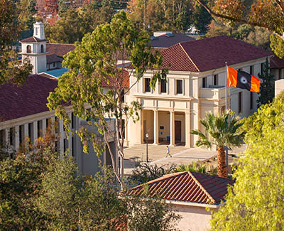 A view of the entrance to Choi Auditorium on the Occidental College campus