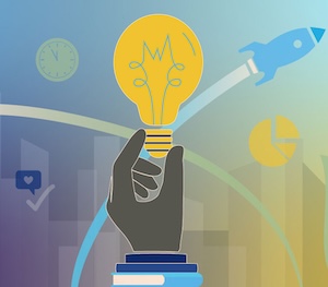 An illustration showing a hand holding a light bulb to symbolize ideas and innovation