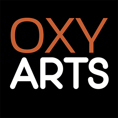 Orange, white and black Oxy Arts logo, square