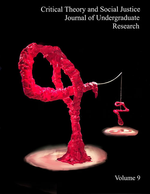 The cover of Volume 9 Critical Theory and Social Justice Journal of Undergraduate Research, which shows a image of a red structure against a black background 