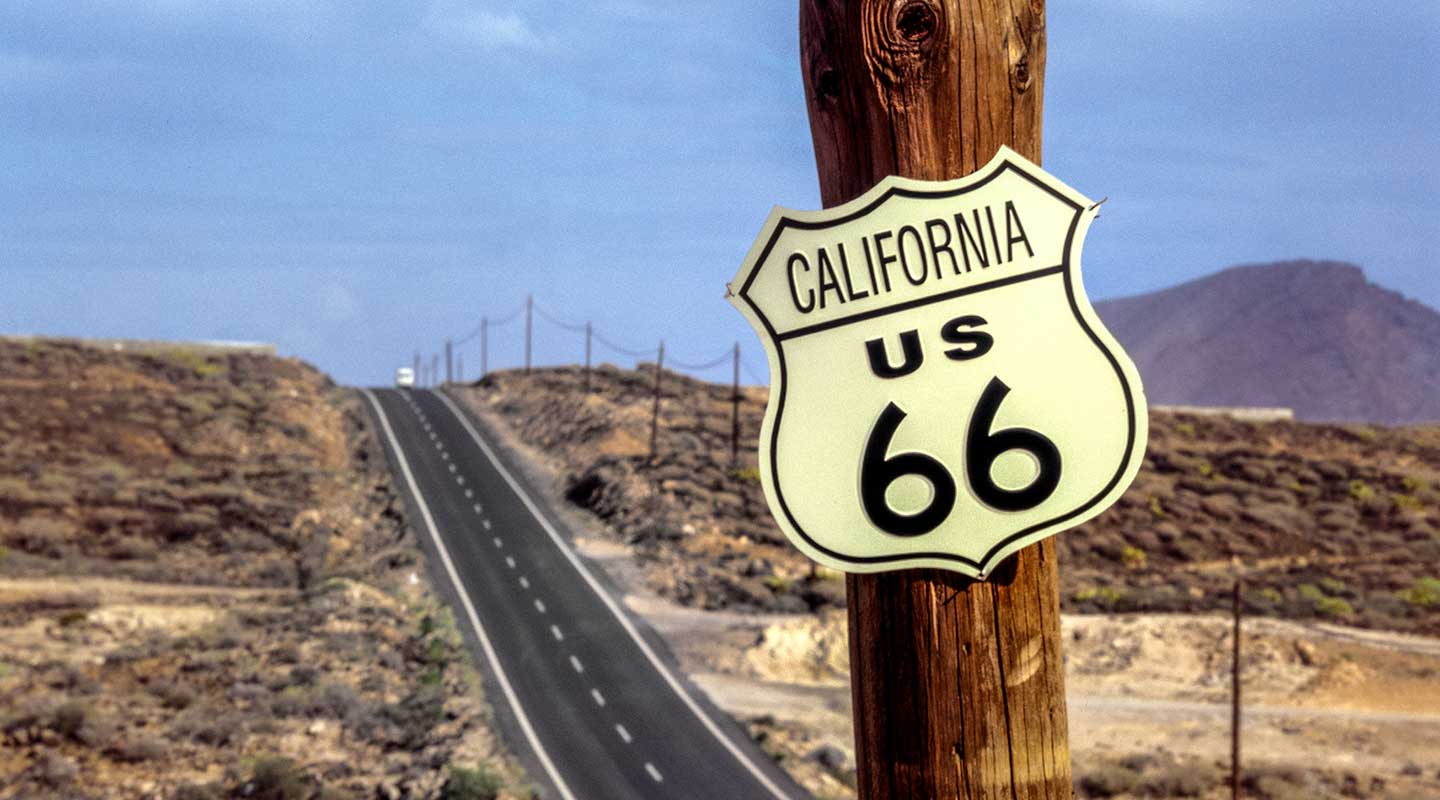 A view of classic US Hightway 66 cutting through the desert, highlighting the interdisciplinary focus of American Studies at Occidental College (Oxy).