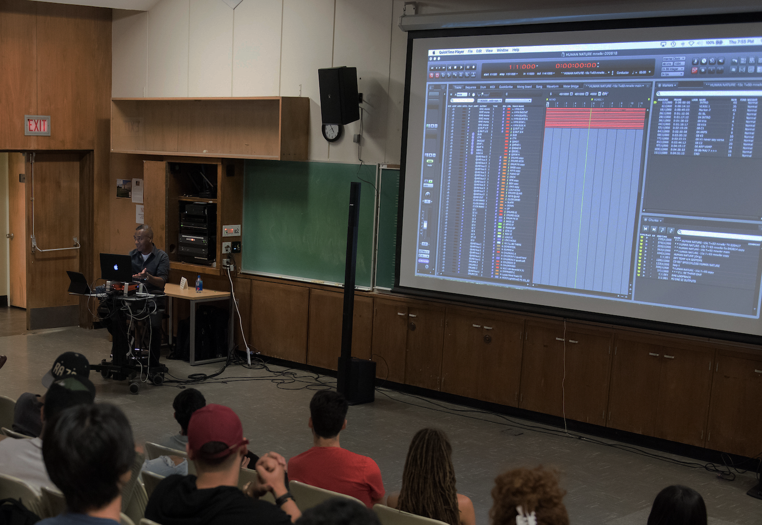 Kevin Antunes shows music students his multi-track Cirque du