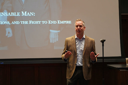 Kal Raustiala presenting in Choi Auditorium