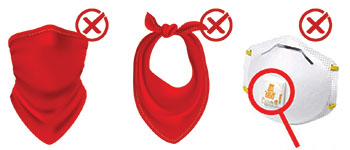 An illustration of a neck gaiter, bandana, and mask with a face valve all marked with red Xs