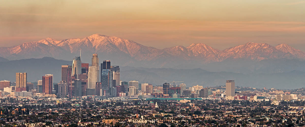 The Los Angeles skyline at sunset