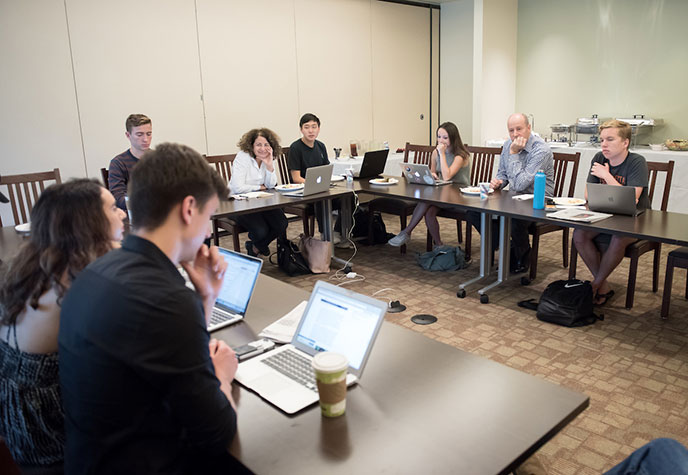 President Veitch with students at a New York Times roundtabl