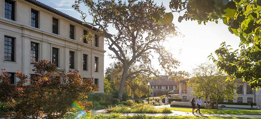 a view of Johnson Hall in the afternoon sunshine on the Occidental College campus