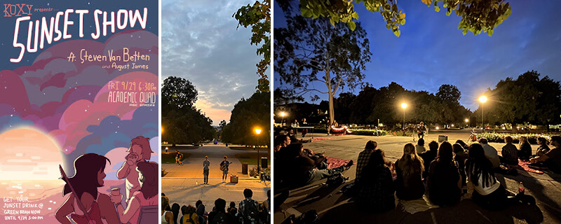 KOXY Sunset Show flyer and seated group watching a show participant