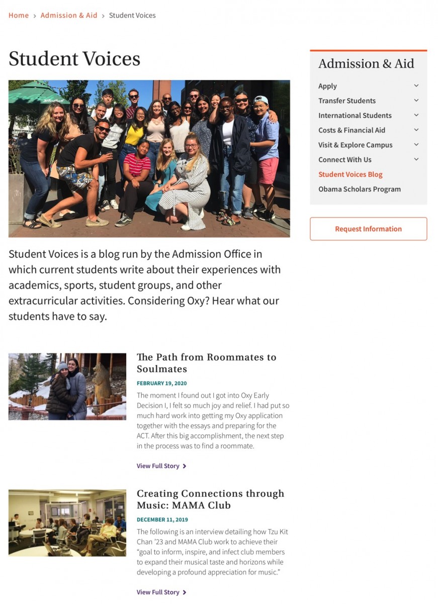 A screenshot of the Student Voices blog from Admission & Aid